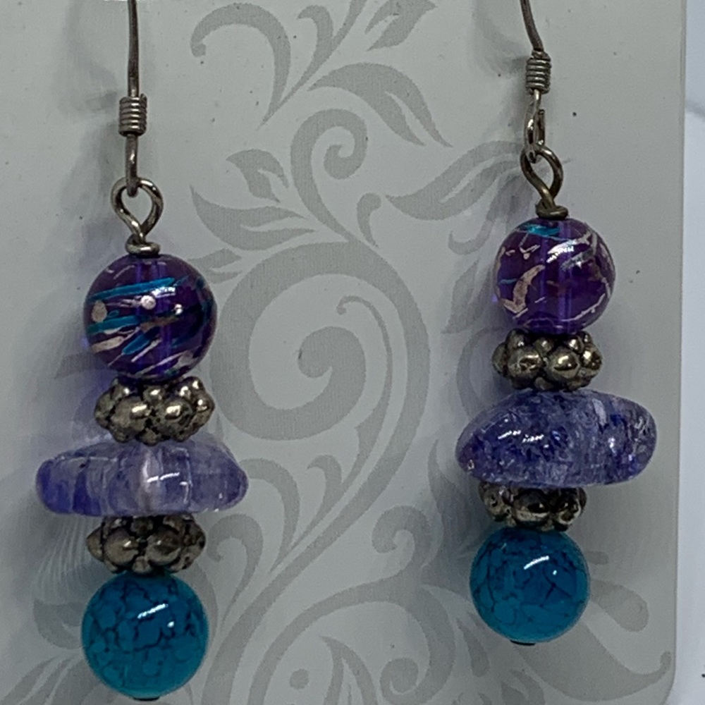 Purple tangles of stones and beads earring